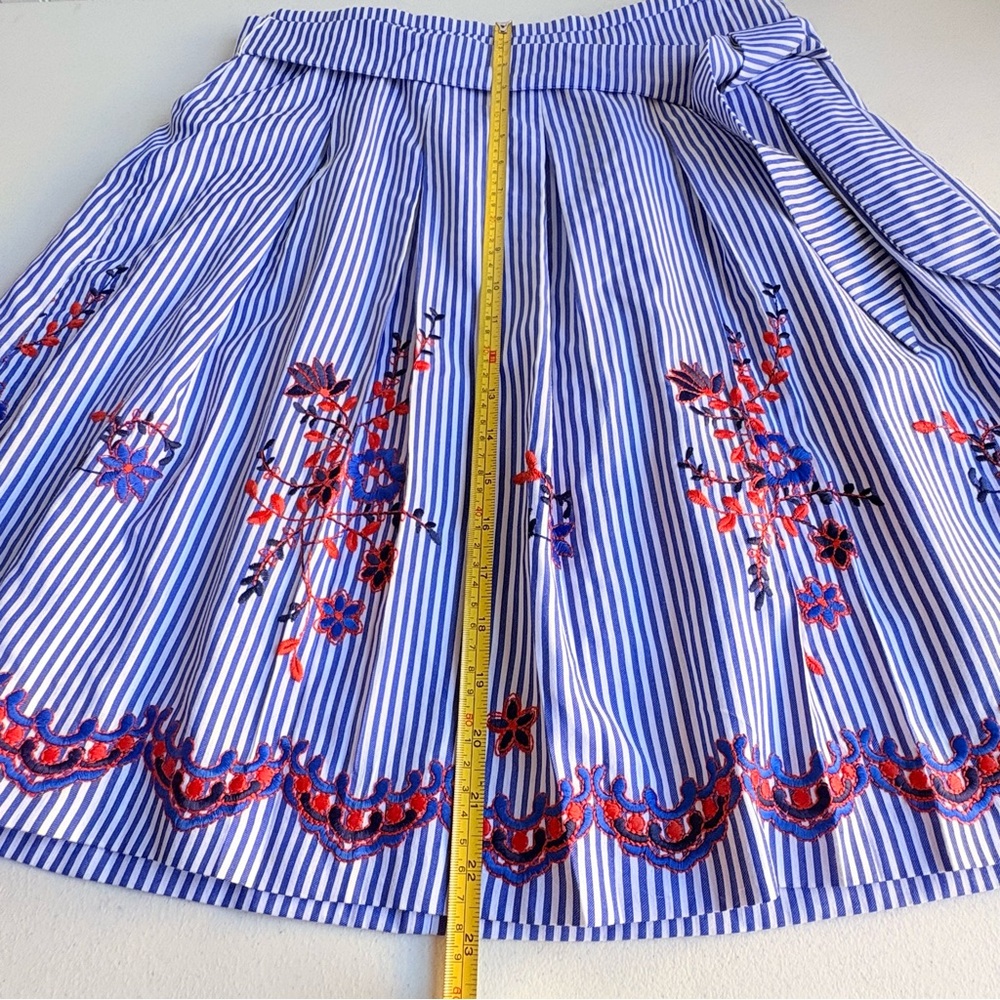 Nine West Blue White Striped & Floral Embroidered Skirt Size 6 Tie Waist A-Line - Picture 10 of 13